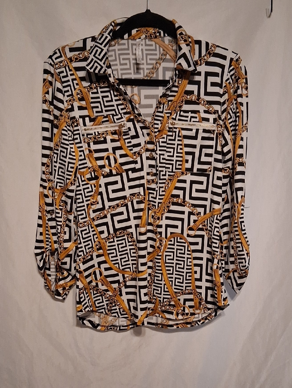 d.n.a. couture Black, White & Gold Chain Print half Placket Blouse